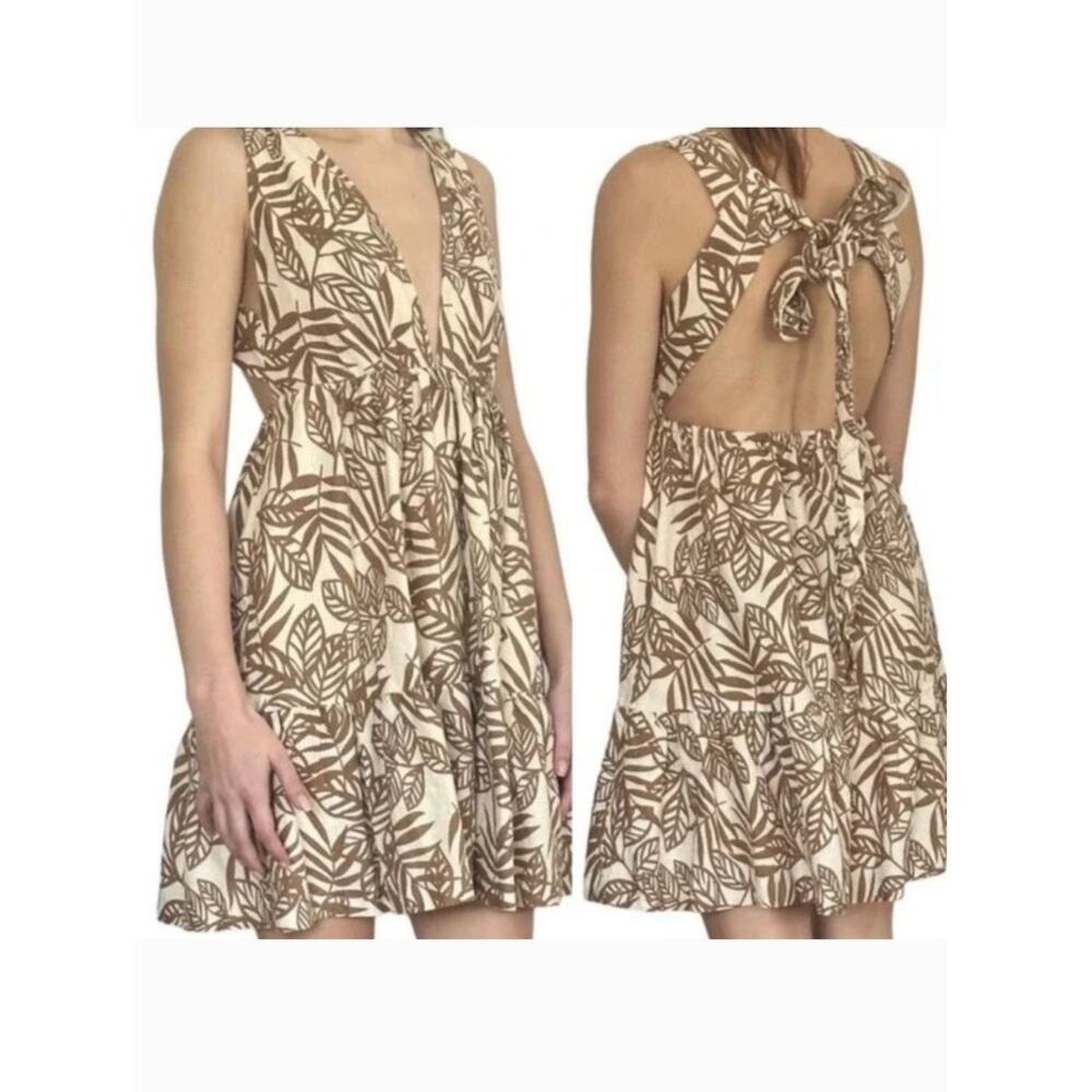 House of Harlow 1960 Linen-Blend Plunge V-Neck Halter Dress, Size S